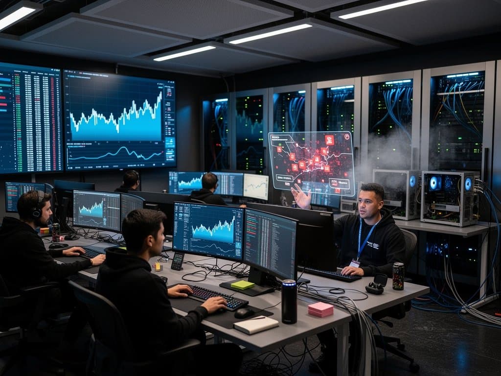 Cybersecurity team monitors server racks and privacy dashboards in high-tech data center