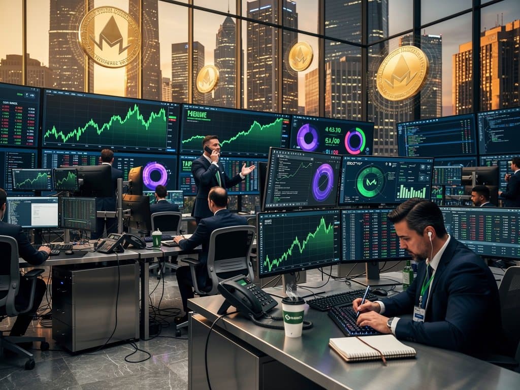 Trading terminals display Monero price surge charts, market data, skyline background